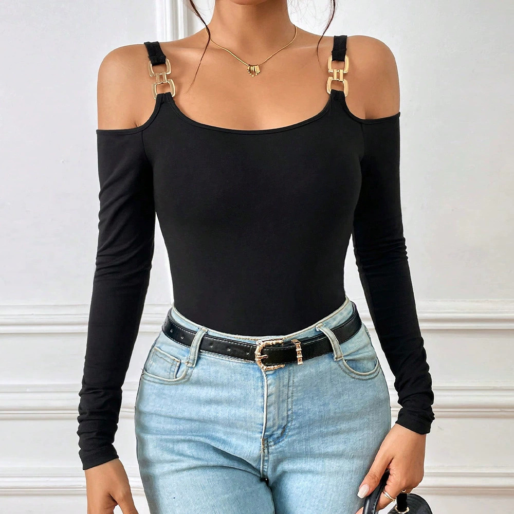 ZARA Autumn Winter Solid Color Rib Knit Long Sleeve Slim Fit Metal Hook Top
